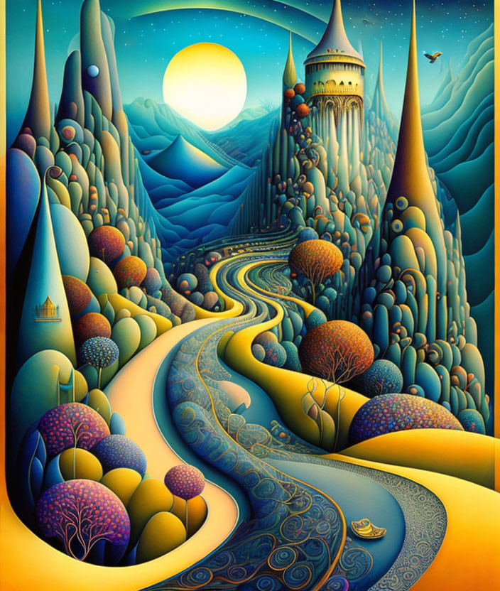 Colorful painting of a road to a castle in whimsical landscape