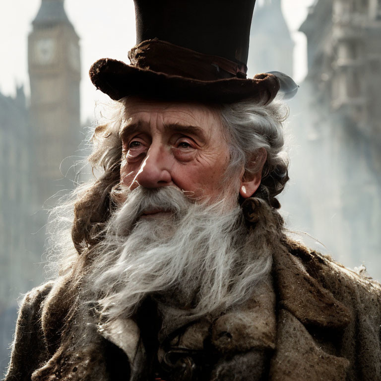 Elderly man in top hat and coat against historical building backdrop