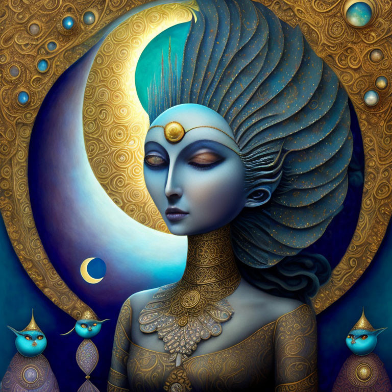 Surreal female figure with gold patterns, crescent moon, and stylized birds.