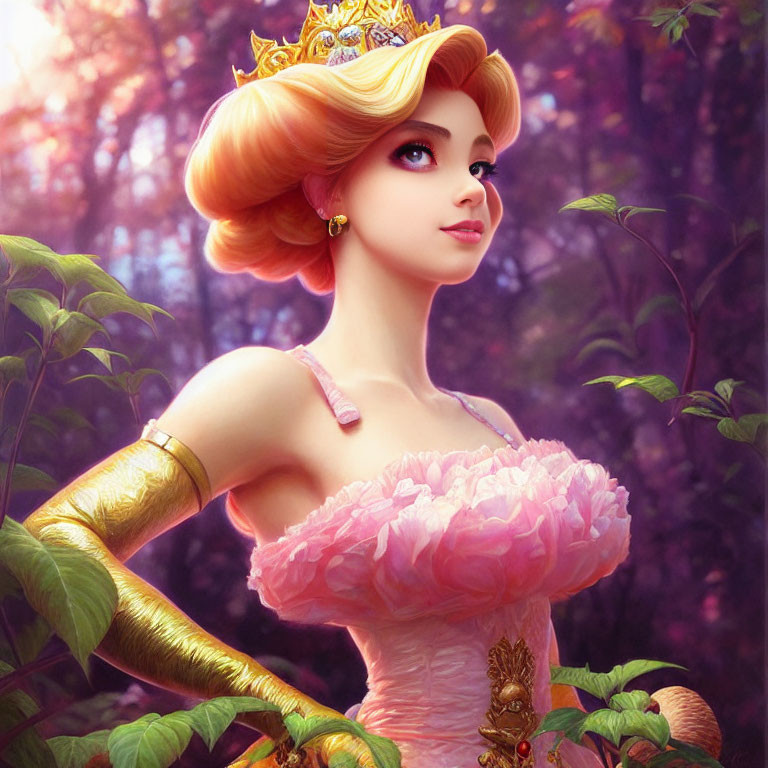 Golden Crown Princess in Pink Dress in Enchanted Forest