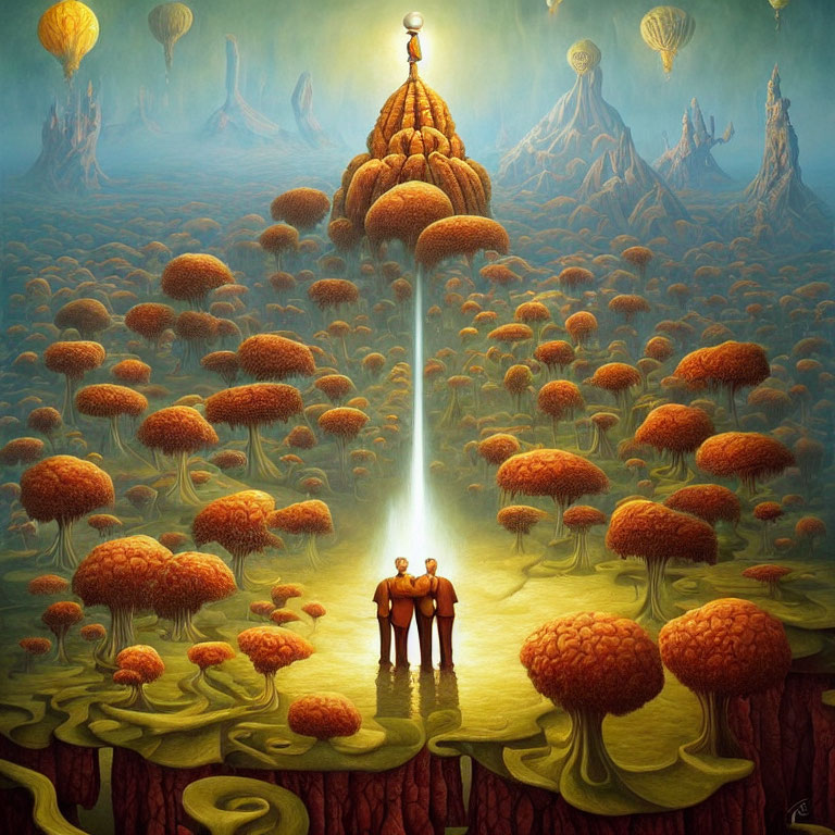 Fantasy landscape with humanoid figures under tree-like structure