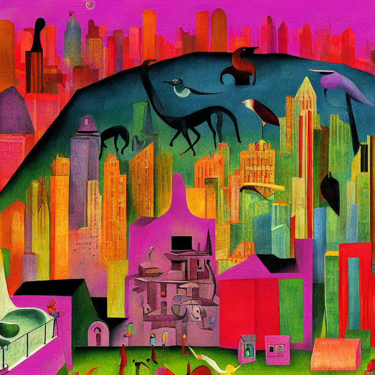 Colorful surreal cityscape with whimsical animals and bold palette