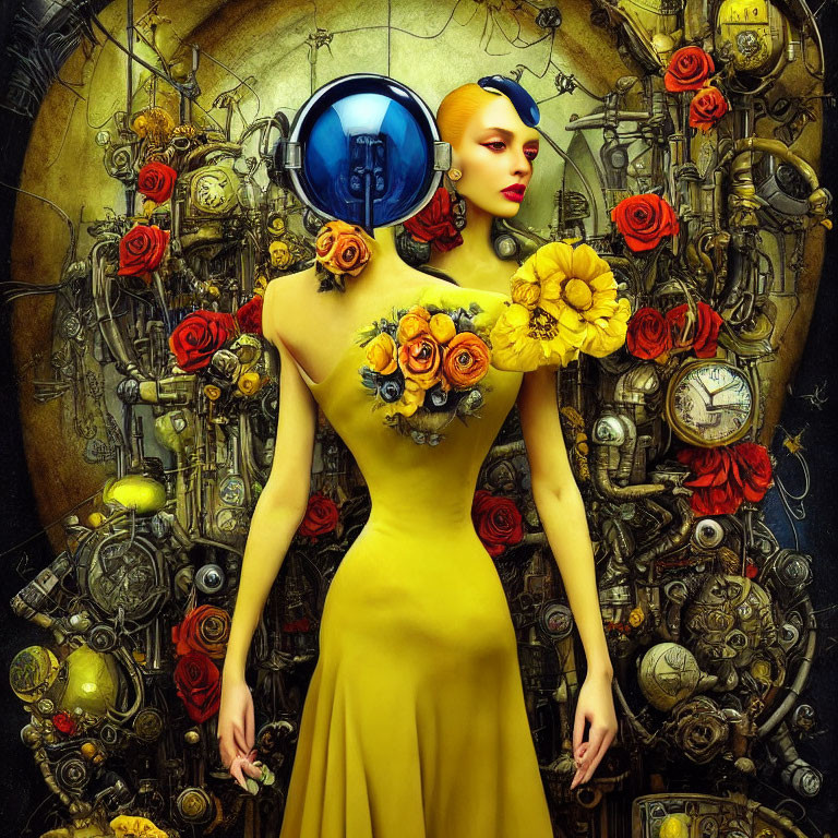 Woman in Yellow Dress with Surreal Headpiece in Steampunk Setting