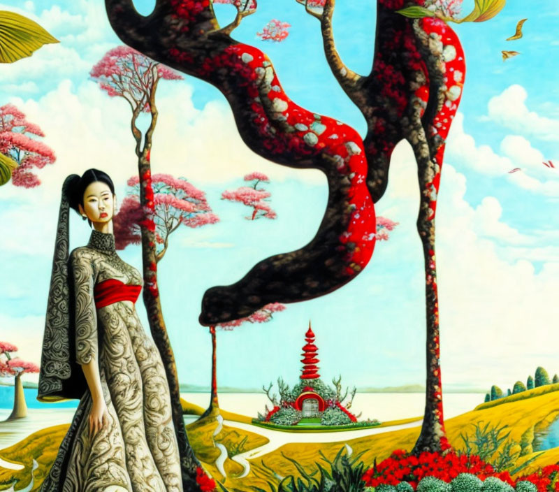 Traditional Attire Woman by Surreal Red Blossom Trees and Temple Landscape