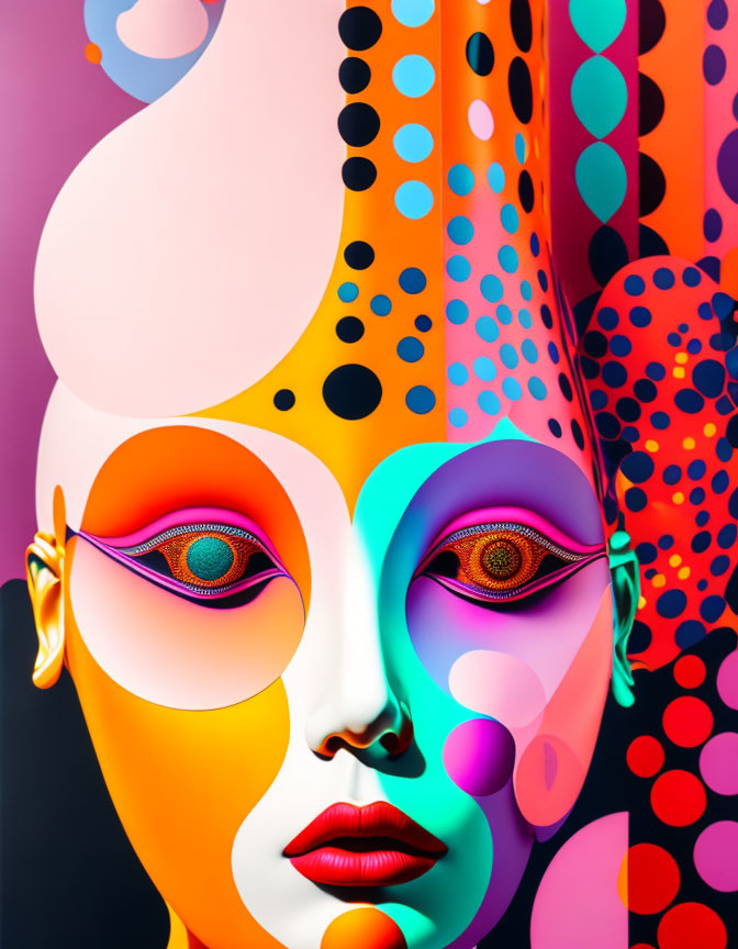 Colorful surreal face digital artwork with dotted textures.