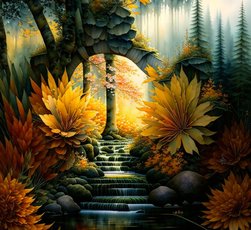 Fantastical forest with oversized flowers, staircase waterfall, and glowing autumnal tree