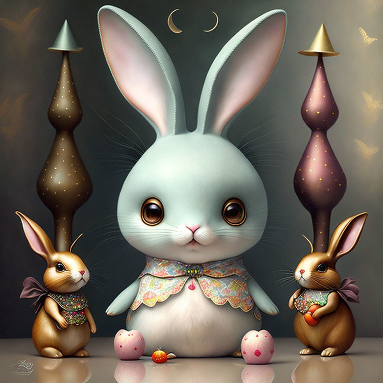 Large Stylized Bunny Illustration with Mushrooms & Small Bunnies