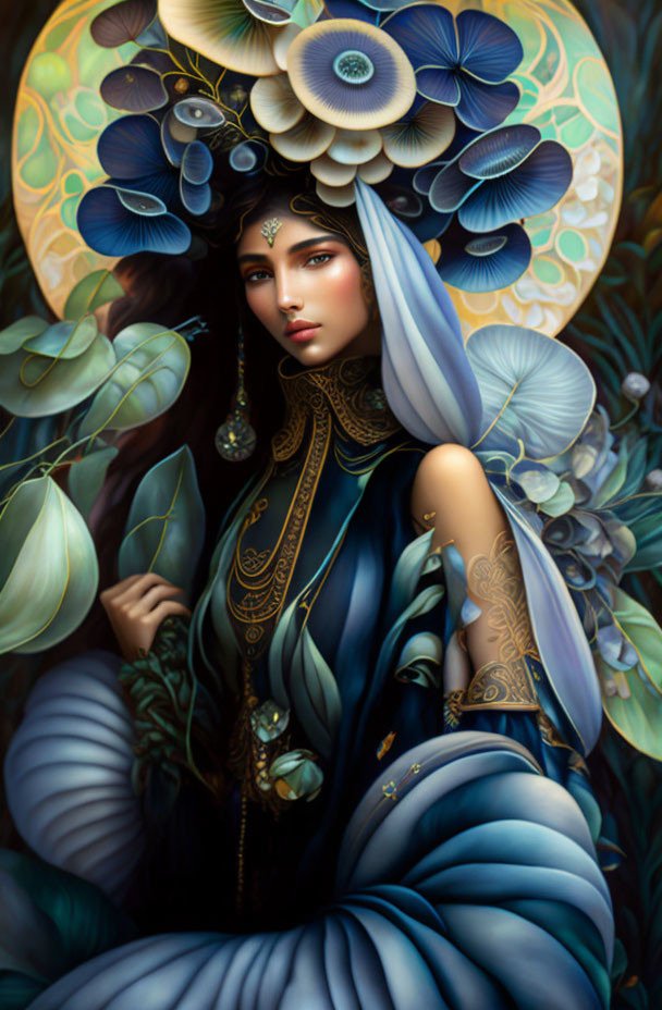 Artwork of Woman with Botanical Elements and Gold Jewelry in Dark Background