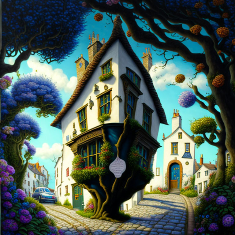 Whimsical painting of quaint white house with blue trim amid vibrant oversized flora