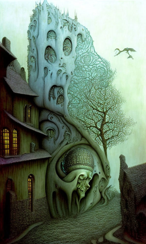 Surreal painting: Building facade resembling grotesque face under greenish sky