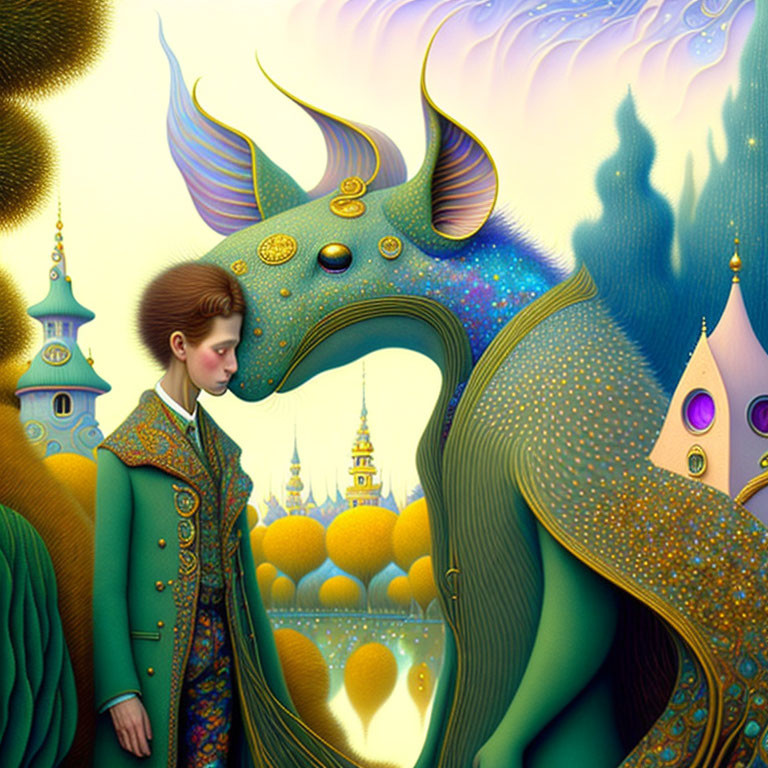 Detailed Green Coat Young Man with Blue Skinned Creature in Fantasy Landscape