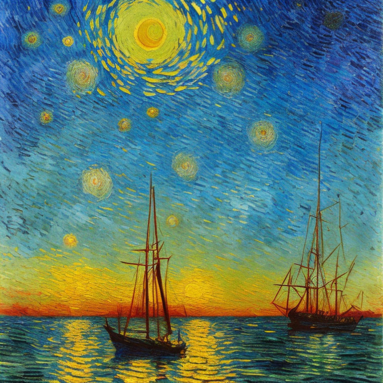 Impressionist painting of night sky, moon, stars, and boats on serene sea