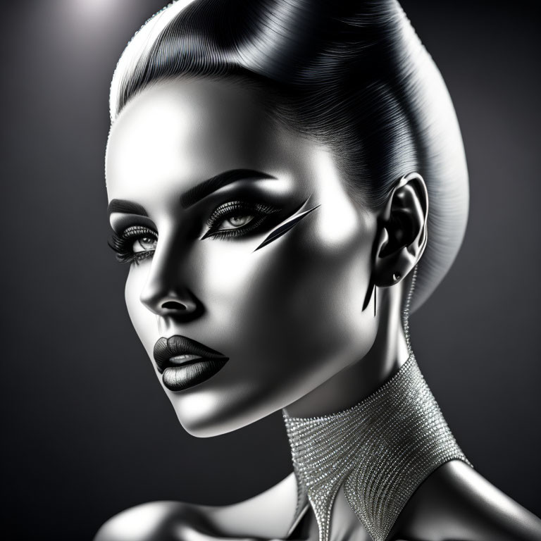 Woman in 3D rendering with bold makeup and silver choker