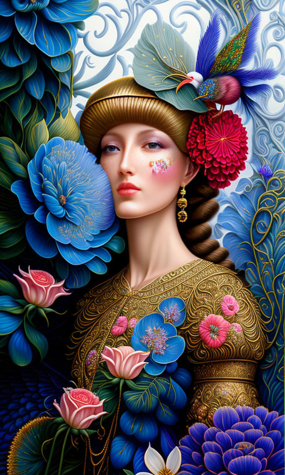 Stylized portrait of a woman with floral and peacock feather motifs