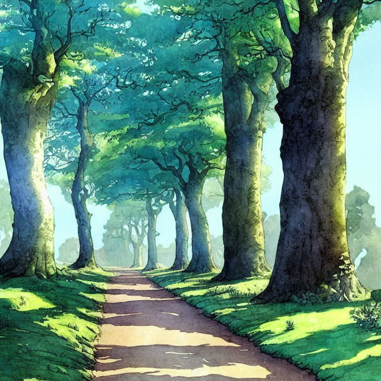 Sunlit Pathway Through Vibrant Green Forest: Serene Watercolor Painting