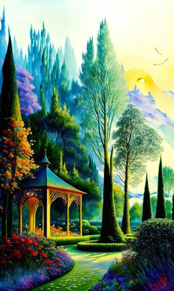 Colorful garden painting with gazebo, flowers, trees, mountain backdrop, and sunset sky.