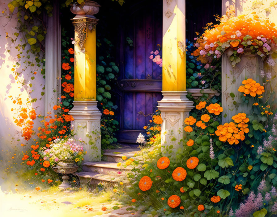 Vibrant orange flowers in enchanting garden with classical columned entryway