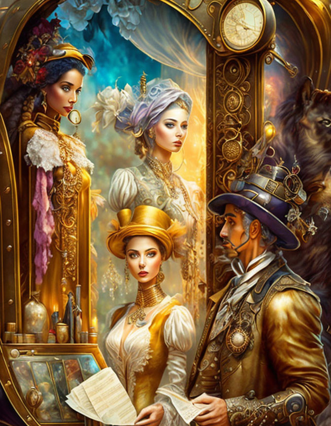 Group of individuals in steampunk attire with monocle, papers, ornate hats, and brass