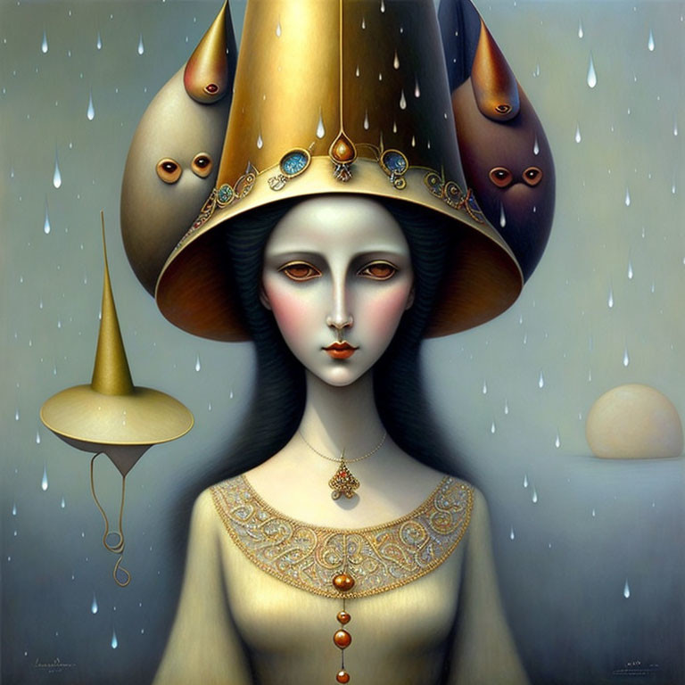 Surreal portrait: Pale-skinned woman with dark lips, conical hat, jewels, and