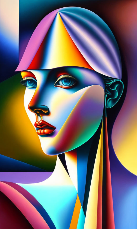 Vibrant geometric abstract portrait of a woman with surreal elements