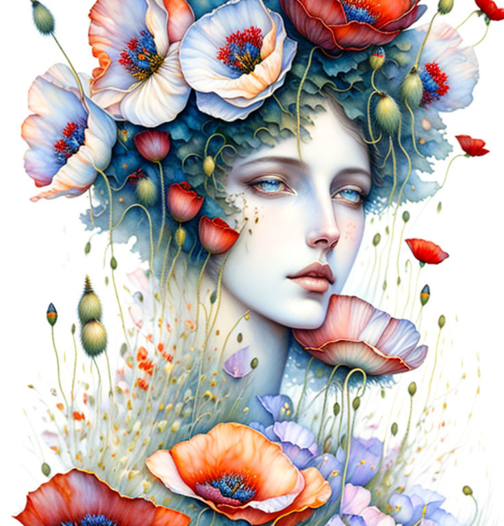 Woman's face intertwined with red and blue flowers: Serene and surreal beauty