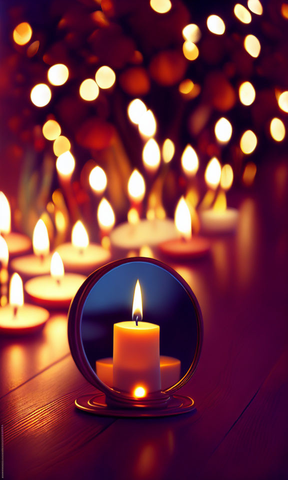 Candle reflected in round mirror with bokeh lights