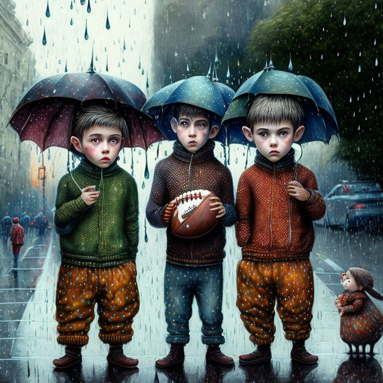 Stylized children with umbrellas in urban rain scene