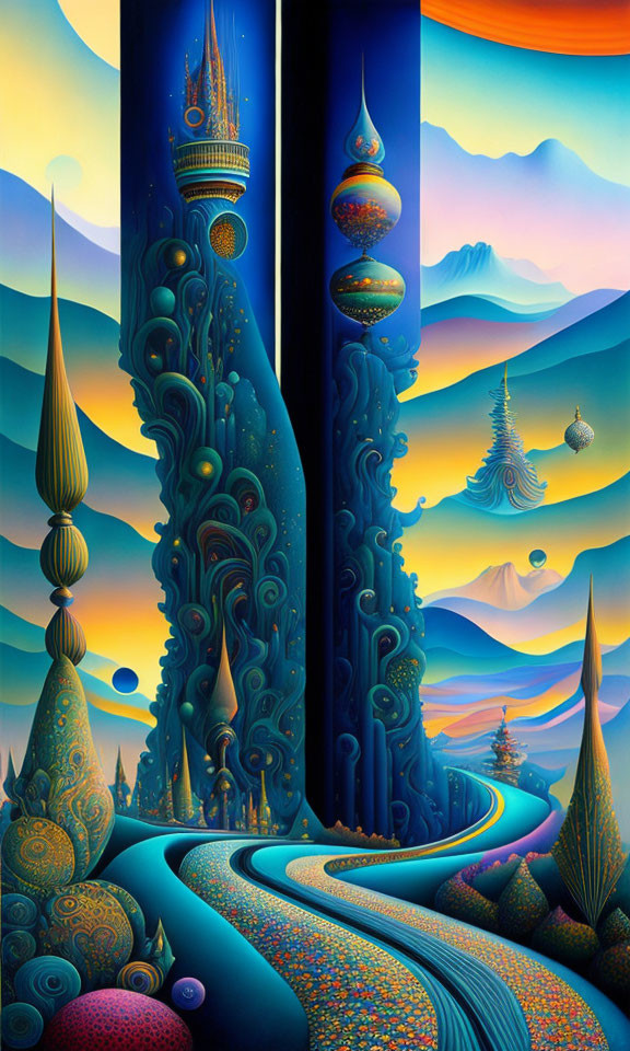 Surreal landscape with vibrant shapes and fantastical architecture