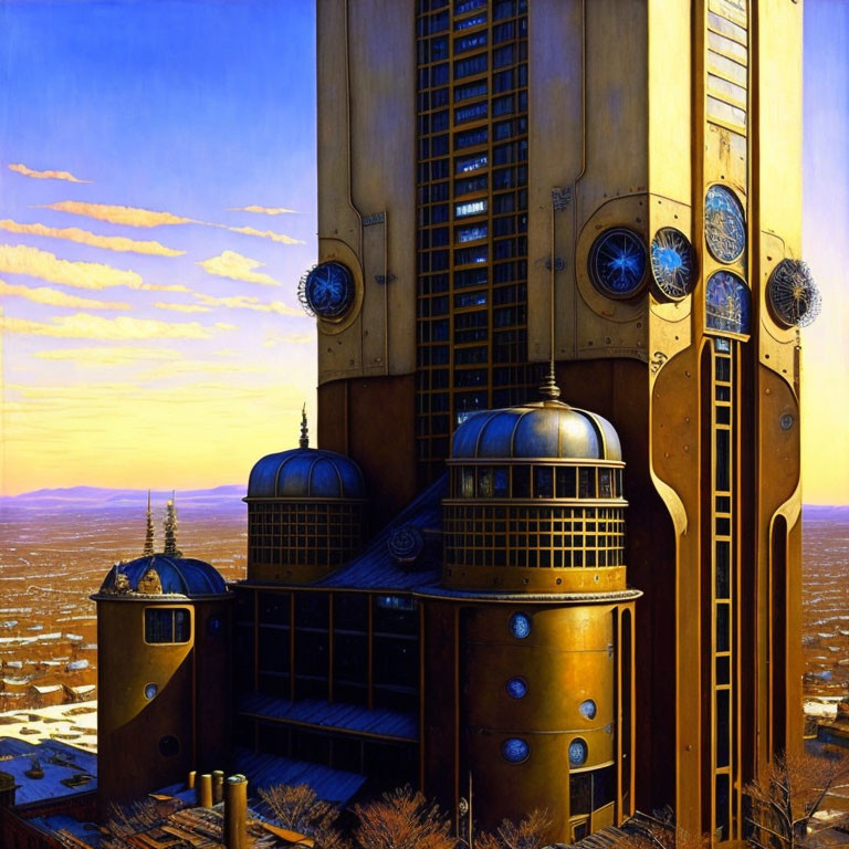 Futuristic golden skyscraper with circular designs in sunset cityscape