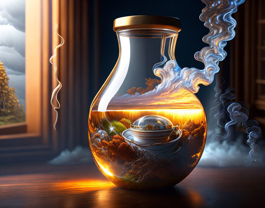 Digital art: Transparent vessel with fantastical landscape, mountains, clouds, tiny planet, and swirling smoke