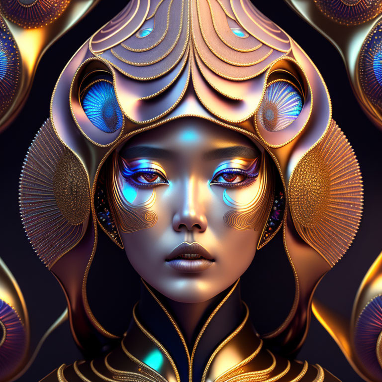 Digital artwork featuring woman with gold peacock feather headdress & glowing blue eyes on dark background