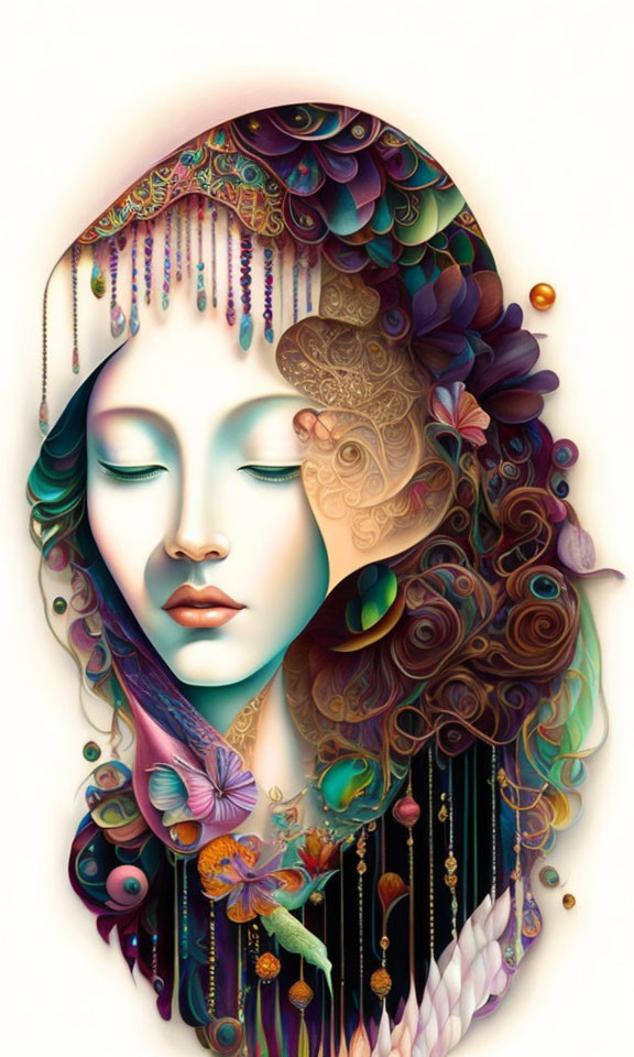 Colorful Woman's Face Illustration with Intricate Patterns and Decorative Elements