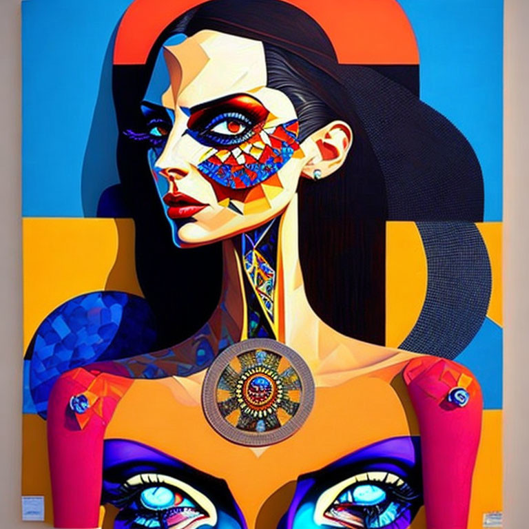 Colorful Geometric Portrait of Woman with Multiple Eyes and Patterns