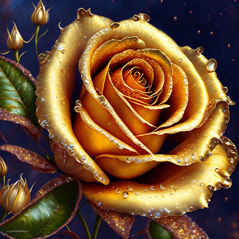 Golden Rose with Water Droplets on Petals & Starry Night Background