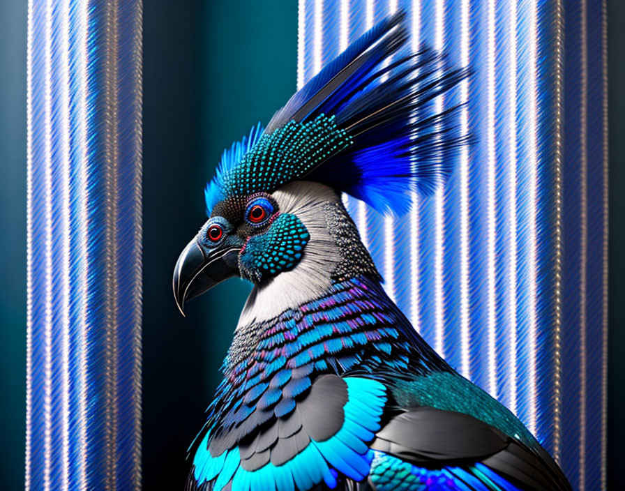 Colorful Bird with Blue and Black Plumage and Red Eyes on Blue Striped Background