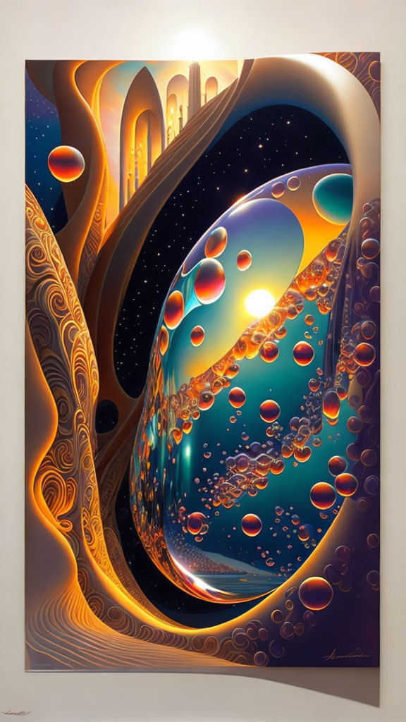 Abstract Cosmic Scene with Fluid Structures and Translucent Orb