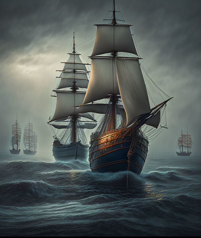 Vintage tall ship navigating stormy seas with other ships in background