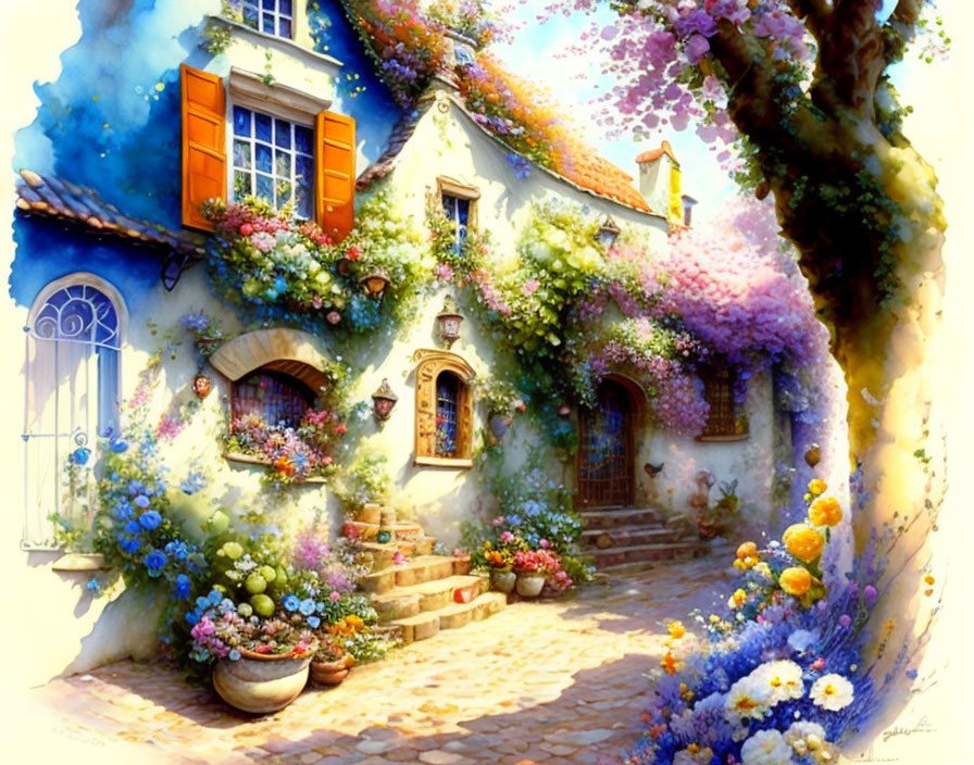 Colorful flowers and climbing plants on charming cottage under blue sky