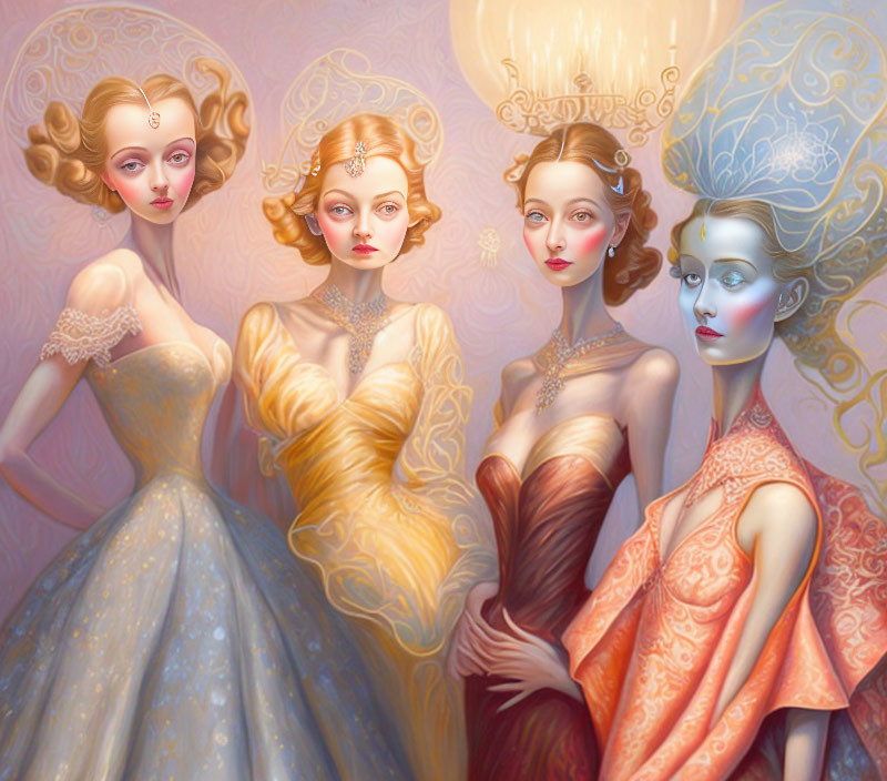 Four stylized women with elaborate hairstyles and elegant dresses in pastel and warm tones showcase unique ethereal