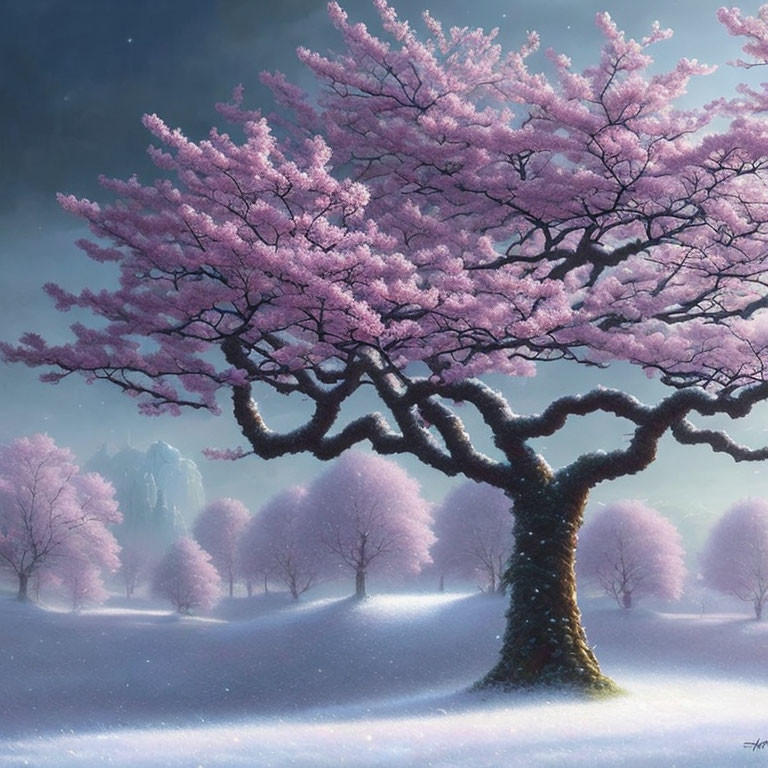 Majestic pink cherry blossom tree in serene snow-covered landscape