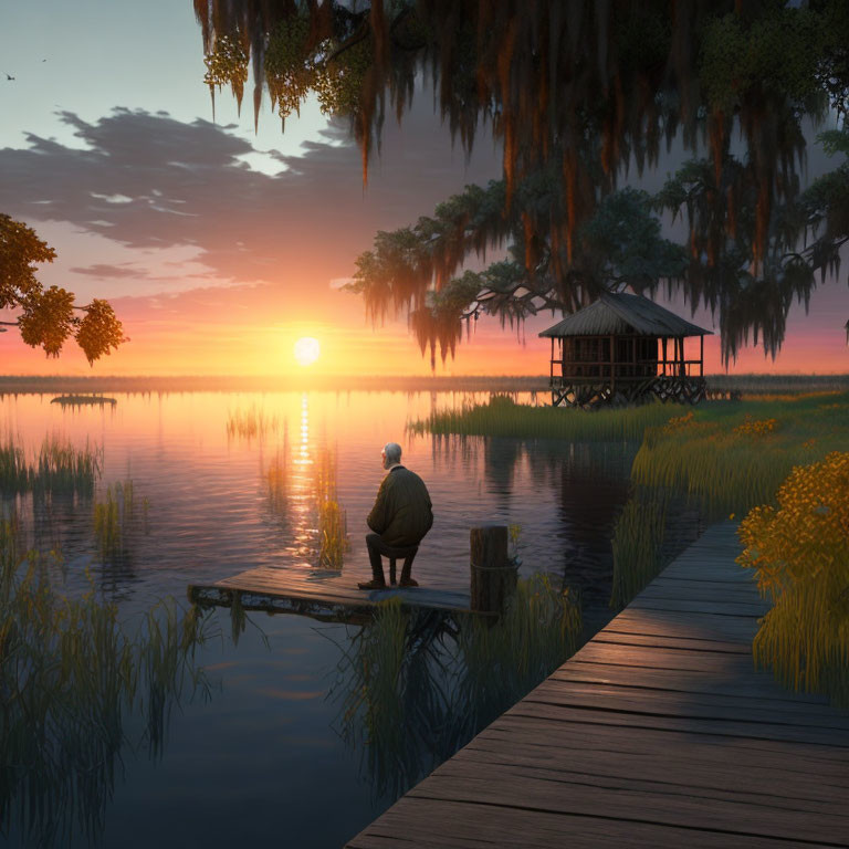 Tranquil sunset over water with wooden dock and lush greenery