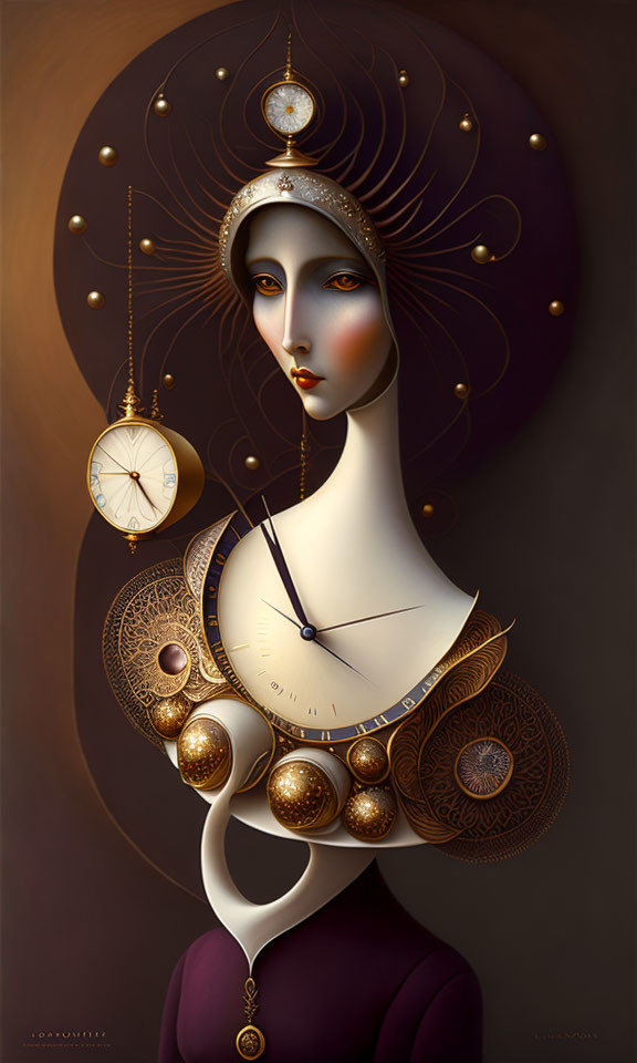 Stylized female figure with clock elements and celestial designs on brown background