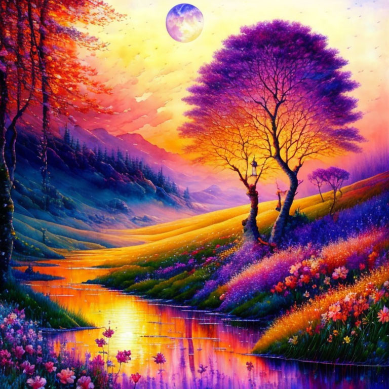 Colorful River Landscape with Sunset Sky and Full Moon