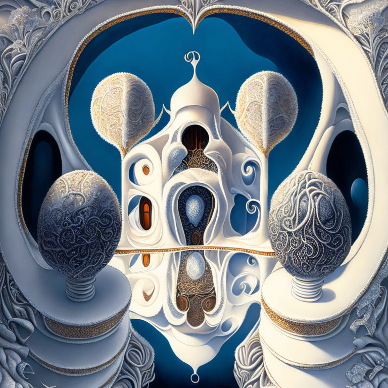 Symmetrical abstract artwork with ornate patterns and architectural elements in blue and white palette