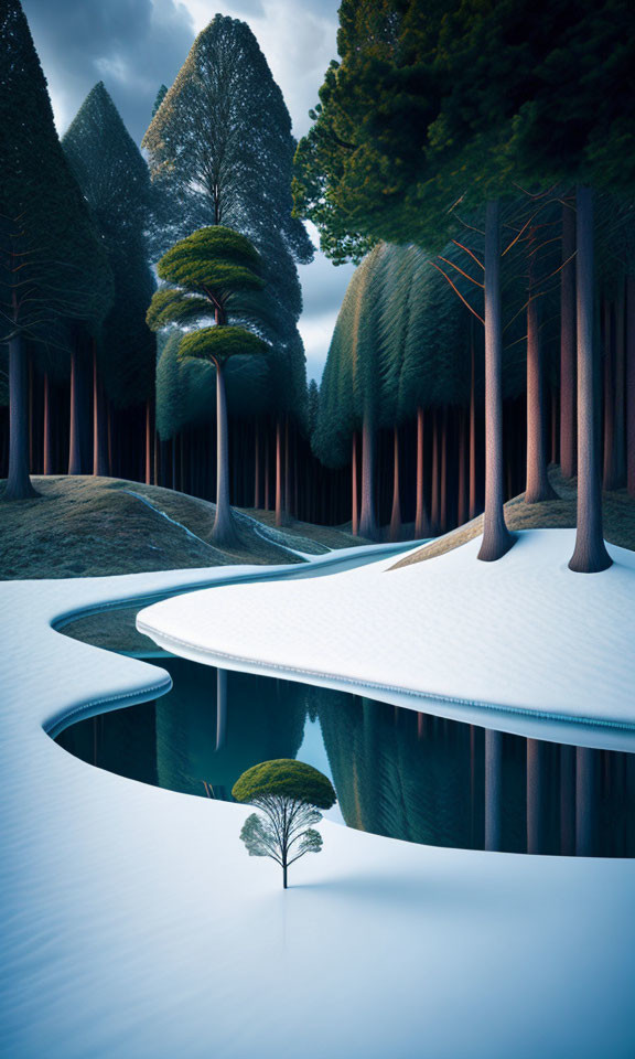 Surreal landscape with stylized trees and frozen river under moody sky