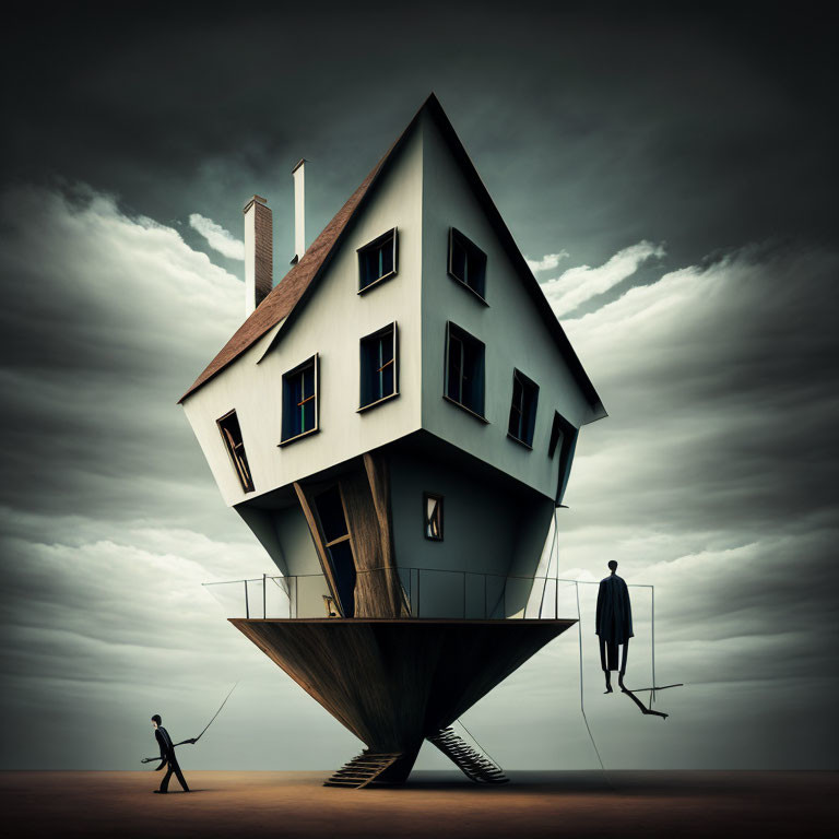 Surreal inverted house with sharp base and two men in unusual positions