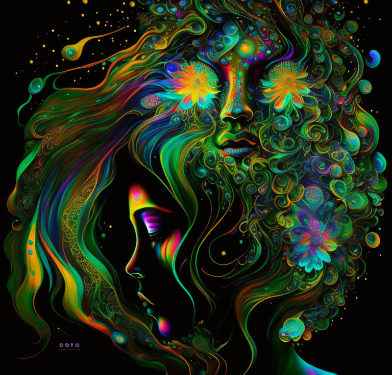 Colorful Psychedelic Artwork Featuring Woman with Wavy Hair