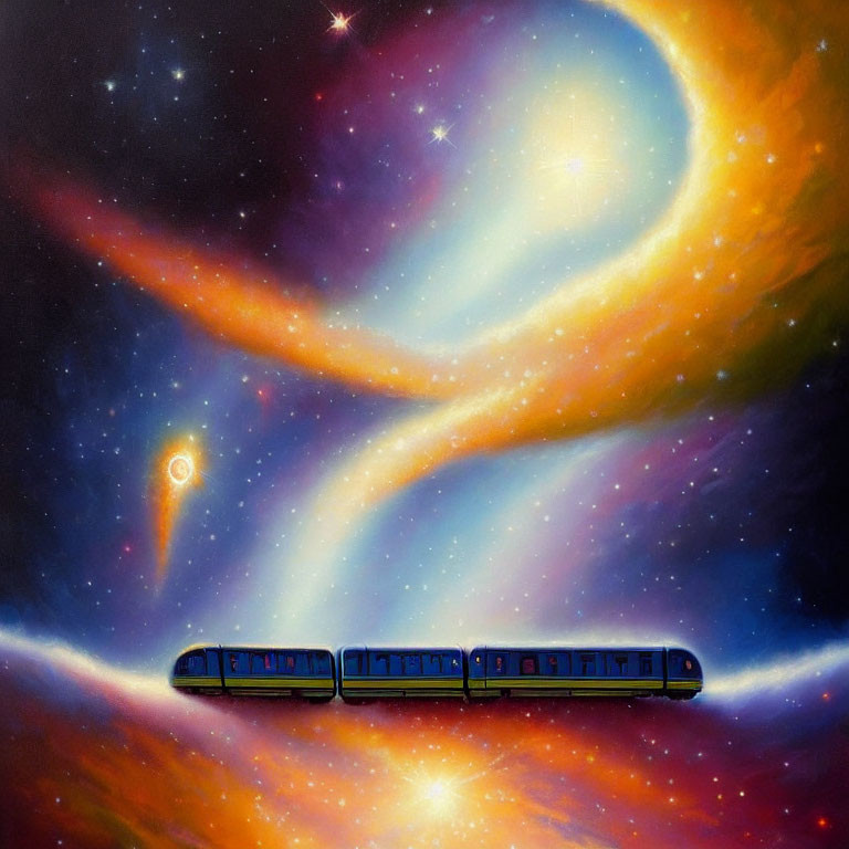 Colorful painting of train in cosmic landscape with nebulas & stars