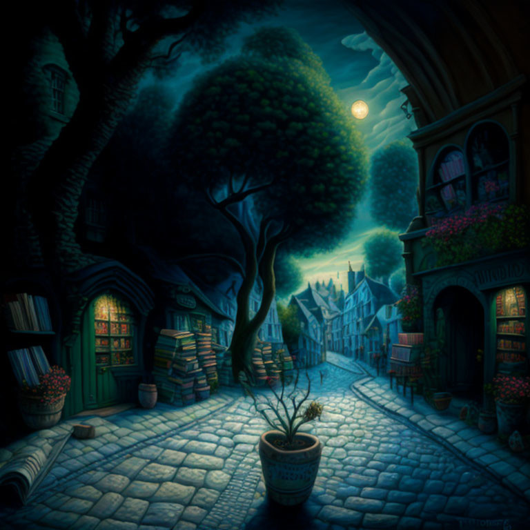 Moonlit cobblestone street with whimsical buildings and curving trees