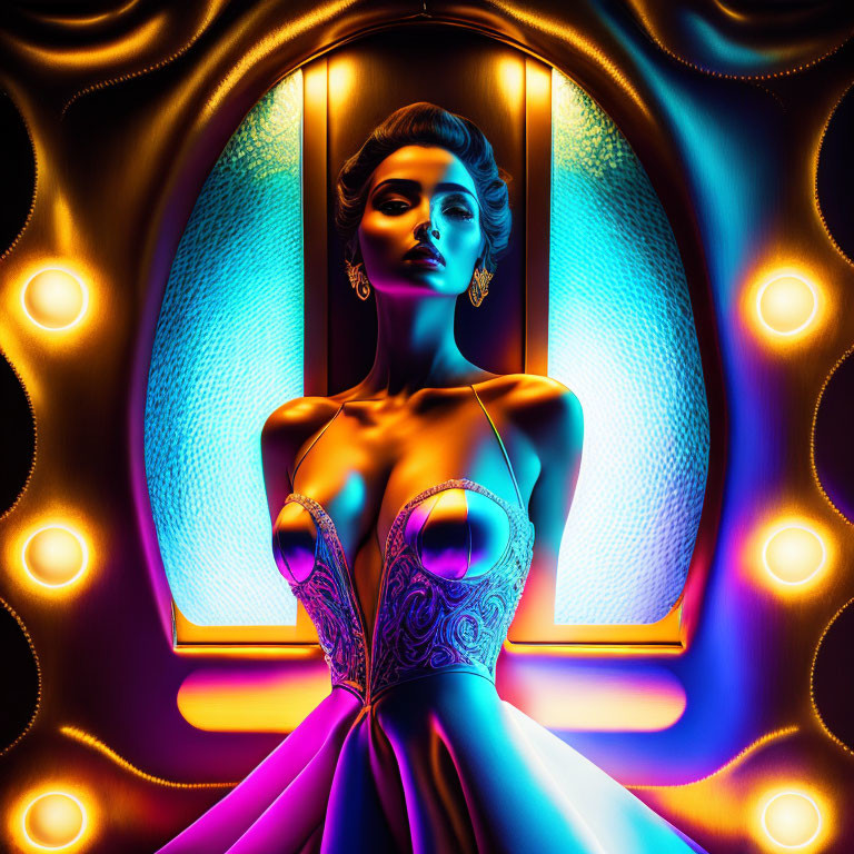 Colorful portrait of a woman in neon dress with circular lights on patterned backdrop